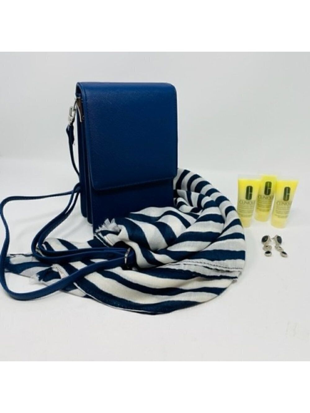 6 pc set-  3 CLINIQUE moisturizer, navy cross body, scarf & earrings- Brand New!